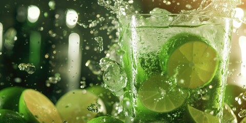 A refreshing glass of water with slices of limes and water droplets. Perfect for summer hydration and healthy lifestyle concepts