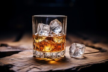 Close-up of a glass of premium whiskey with ice cubes, perfect for sipping and relaxing