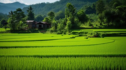 Fototapeta na wymiar view of green rice fields in the mountains
