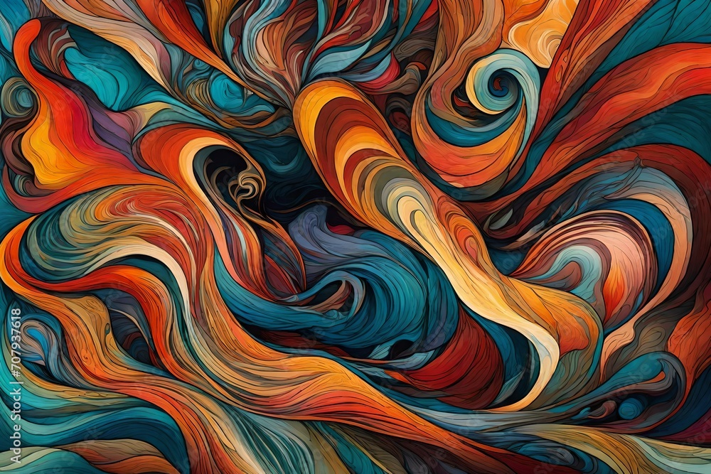Poster a series of abstract shapes and colors merging and separating, illustrating the fluidity of emotions