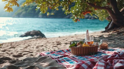 A picnic basket on a blanket on the beach. Perfect for outdoor dining or beach gatherings