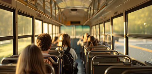 A school bus with students is going to school - obrazy, fototapety, plakaty