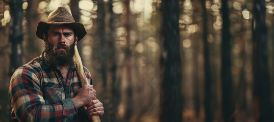 Beautiful woodcutter with an ax in the forest. Bearded handsome man