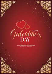 Valentine's Day Card Featuring a Red Background. Various Paper Hearts in Pink, Red, Orange, and Purple with Polka Dots, Stripes, Florals, Glitter, and Gold Stars. Happy Valentine's Day
