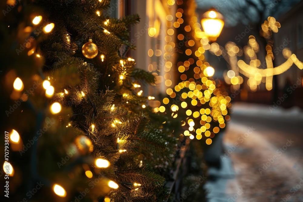 Poster a row of christmas lights adorns the side of a building. this image can be used to capture the festi