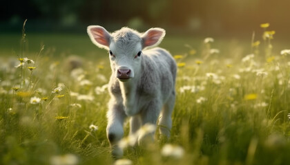 Fototapeta premium Cute cow grazing in green meadow, looking at camera generated by AI