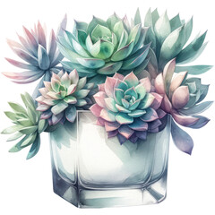Succulent and Cactus, A watercolor painting of succulent plants in a modern glass planter, PNG Clipart Transparent Background