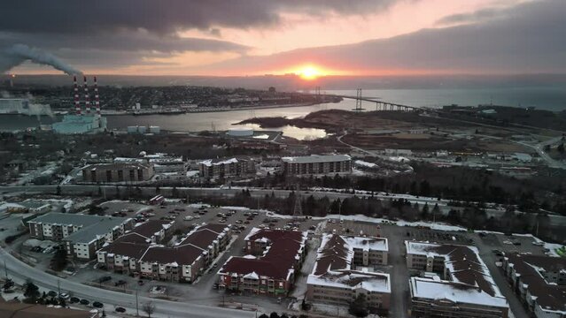 Winter cityscape with sunset sky and clouds aerial view Dartmouth Canada
