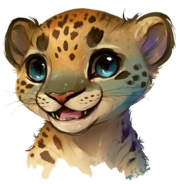 Illustration of a cute cartoon watercolor leopard cheetah. Tropical animals. Ai generated. Transparent background, png