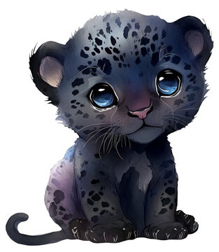 Illustration of a cute cartoon watercolor panther. Tropical animals. Ai generated. Transparent background, png