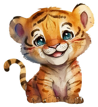 Illustration of a cute cartoon watercolor tiger. Tropical animals. Ai generated. Transparent background, png