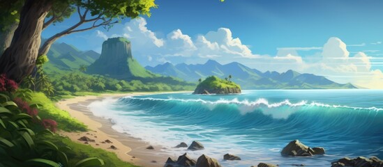Tropical nature on beach with forest on cliff. Mountain landscape and clear ocean waves.