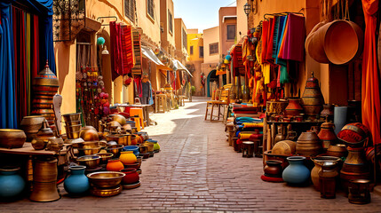 A bustling marketplace in Morocco, filled with vibrant textiles, spices, and crafts that embody the...