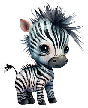 Illustration of a cute cartoon watercolor zebra. Tropical animals. Ai generated. Transparent background, png