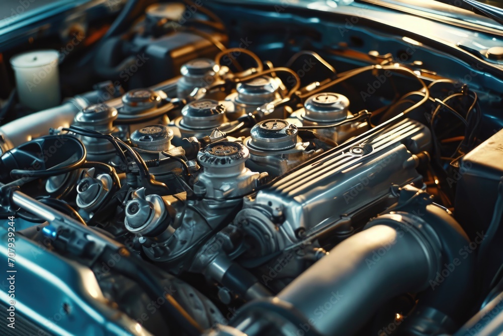 Poster a detailed view of the engine in a car. perfect for automotive enthusiasts or mechanics.