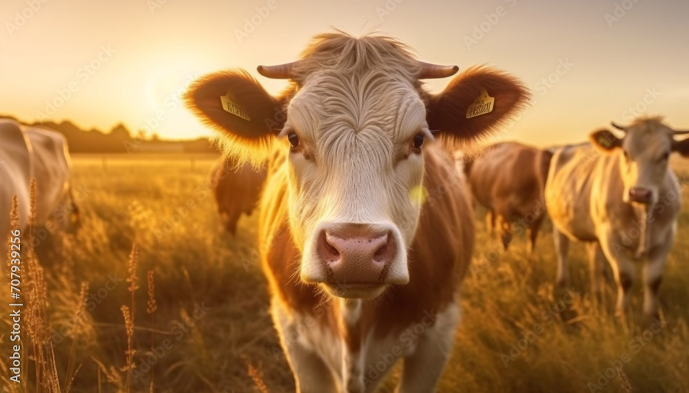 Sticker cows graze peacefully in the meadow, under the golden sunset generated by ai