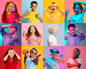Colorful dreams. Collage made of portraits cute and cool boys and girls posing against multicolored...