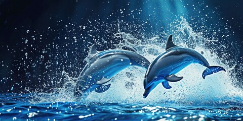 Two dolphins leaping out of the water. Ideal for aquatic animal themes and marine conservation campaigns - obrazy, fototapety, plakaty