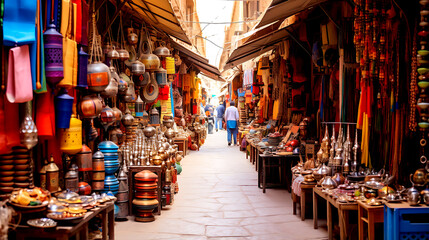 A bustling marketplace in Morocco, filled with vibrant textiles, spices, and crafts that embody the essence of Moroccan culture