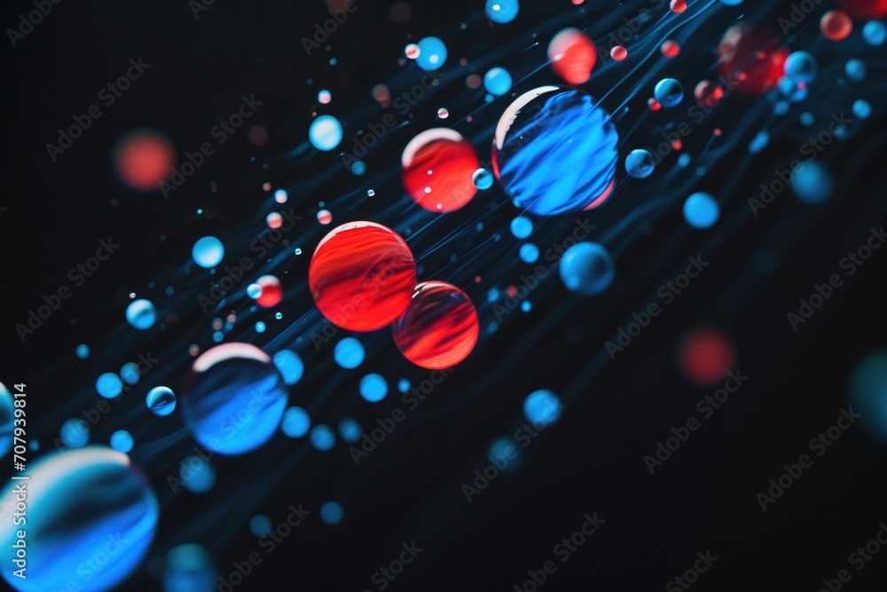 Poster A captivating image of multiple red and blue spheres suspended in mid-air. This versatile picture can be used in various creative projects