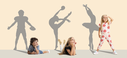 Collage. Innocence meets expertise. Little boy and girls and shadows of professional sportsmen on...