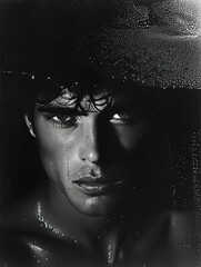 Hombre joven mojado, blanco y negro, mirando atrás del cristal, vapor de agua, gotas, sensual, mirada penetrante, serio, torso visto, sin camisa, colonia, fresco