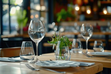 A table set with wine glasses and place settings. Perfect for elegant dining or special occasions