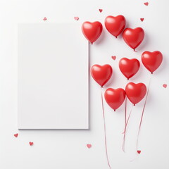 Red balloon hearts and frame. Valentine's Card white background, empty space.