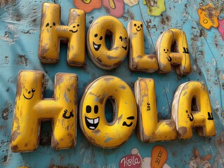 Saludo hola hola en amarillo representado sensación de felicidad y simpatía, cola refrescante, frase campaña publicitaria, dona con textura, apetecible, dientes - obrazy, fototapety, plakaty