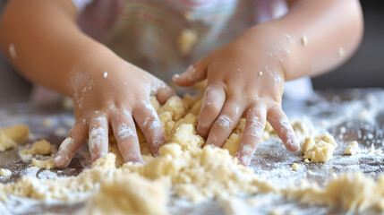 Child's Hands Kneading Dough on Kitchen Counter