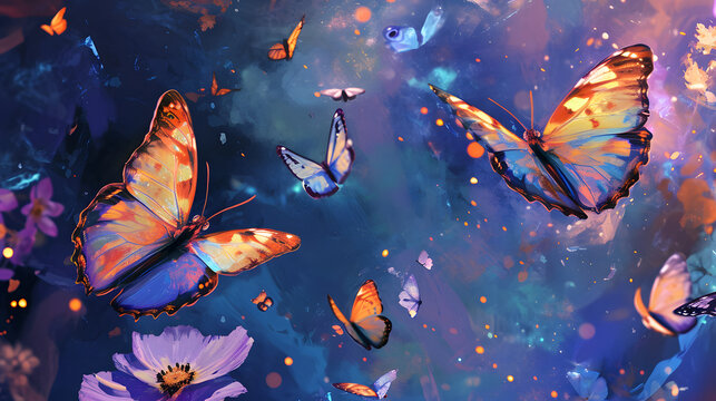 Colorful Butterflies and Cosmos Flowers Digital Art Fantasy