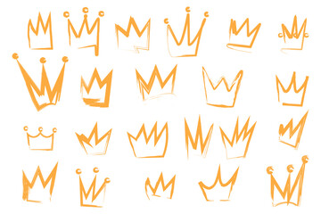 Crown icon set in brush stroke texture paint style. Royal Hand drawn doodle. Vector Illustration.