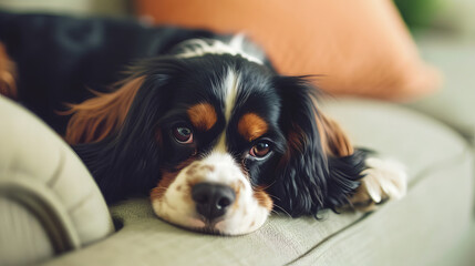 King Charles Spaniel with Soulful Eyes Lying on Sofa with Orange Pillow