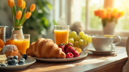A continental breakfast setup on a wooden table, highlighted by the morning sun