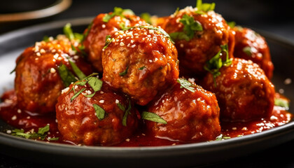 Freshness and spice on a plate, a gourmet meatball lunch generated by AI - obrazy, fototapety, plakaty