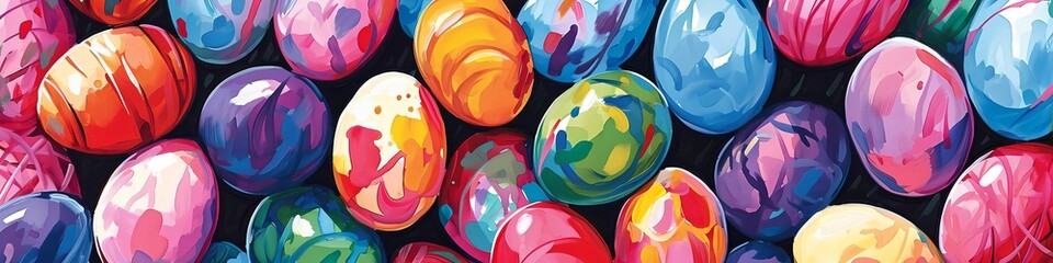Easter painted eggs pattern. Flat lay. Concept with Easter eggs in oil painting style. Festive Happy Easter banner - obrazy, fototapety, plakaty