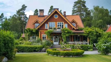 Poster Swedish Villa: Modern Middle-Class Home with Wood Accents and Patio View © AIGen