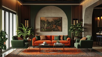 Contemporary Middle Eastern Living Room Interior with Vibrant Orange Sofa and Green Armchairs