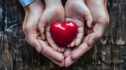 Family Holding Red Heart Together in Hands Over Wooden Background
