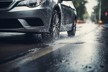 Car hydroplaning on a wet road in heavy rain - with visible skid marks and water spray - causing other drivers to slow down. - obrazy, fototapety, plakaty