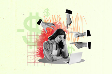 Photo collage picture image sitting despair young woman worker secretary struggle headache employee...