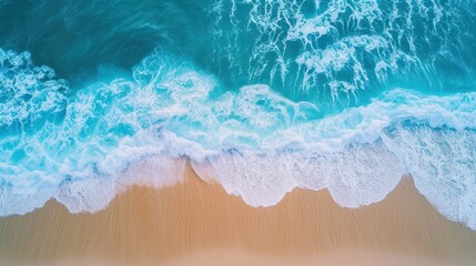 Fototapeta na wymiar An aerial view of a sandy beach, with light blue waves and sunlit surroundings, creating a perfect backdrop for capturing the essence of vacation vibes