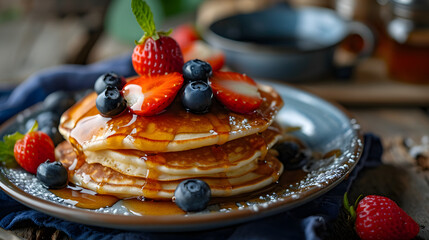 Stack of Pancakes with Fresh Berries and Maple Syrup on Rustic Table