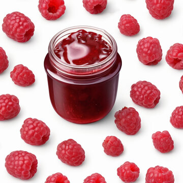 raspberry jam in a glass jar on the background of raspberry berries in the form of a pattern