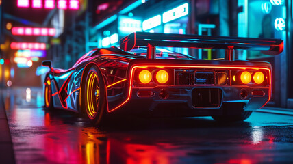 A neon accented supercar displaying its illuminated details in a night street race setting