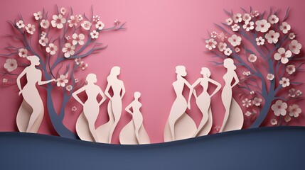 Decorative illustration of women with flowering trees in the style of cut paper, the concept of women's day on March 8