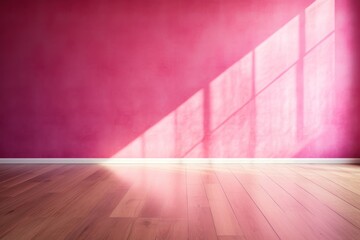 Light fuchsia wall and wooden parquet floor, sunrays and shadows from window
