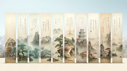 Elegant vertical scrolls with traditional Chinese landscape paintings and inscriptions