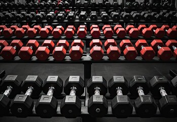Fototapeta premium Dumbbells in a gym, dumbbells set, photography, created with AI