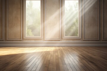 Light hazelnut wall and wooden parquet floor, sunrays and shadows from window